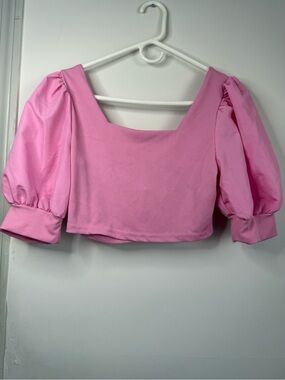 SHEIN Pink Puff-Sleeve Ribbed Cropped Top